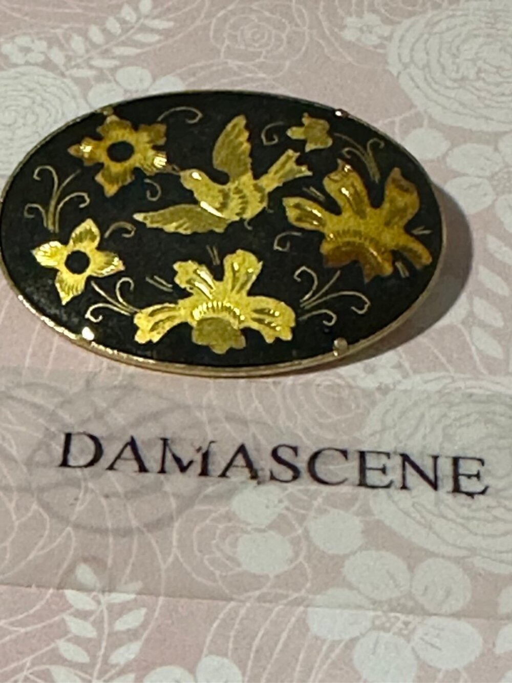 Vintage Oval Brooch Love Bird Damascene 22k and 24k gold Foil and Wire Spanish